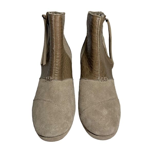 Toms Desert Taupe Beige Suede Croco Embossed Wedge Ankle Boots Women's 6 Zip Up - Picture 3 of 13